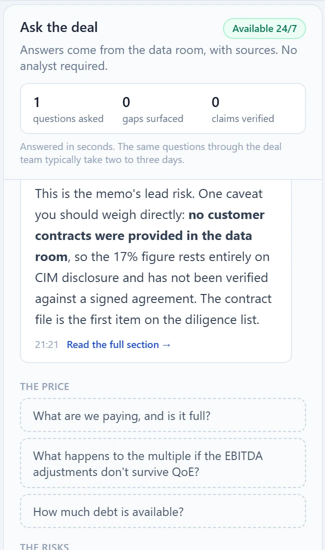 The committee seat open on a deal: a question put to the documents returns an answer that names the gap behind it, no customer contracts were provided in the data room, with a link through to the full memo section and a list of suggested questions grouped by price and risk.